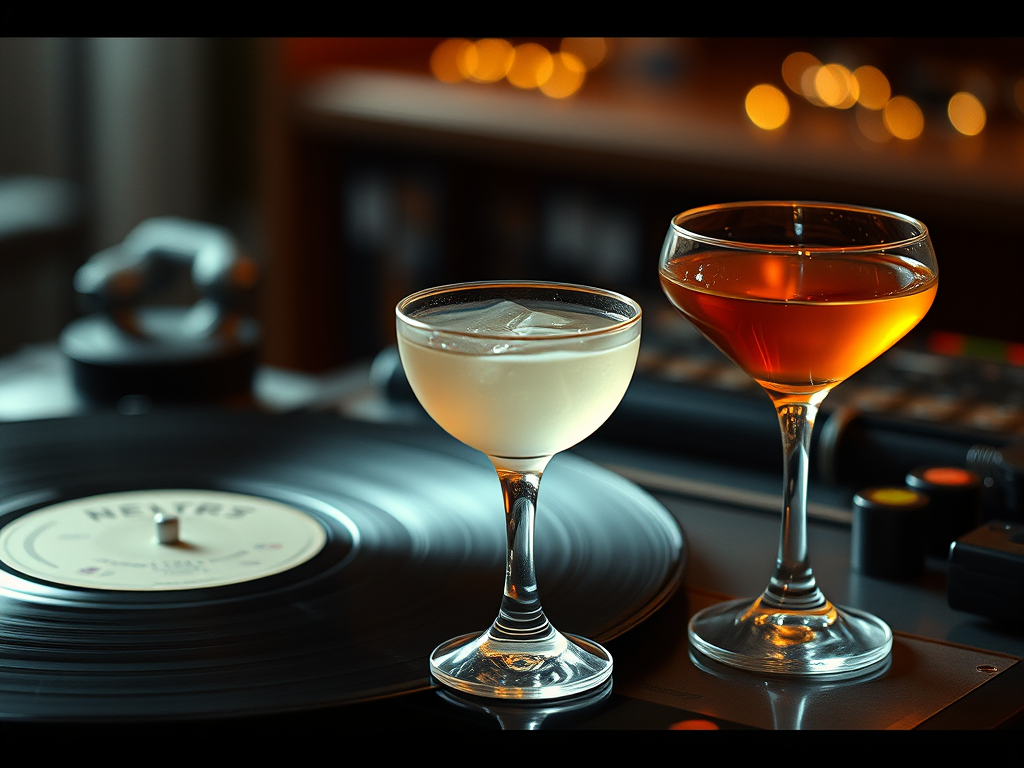 vinyl records and cocktails, with a shorter glass that does not have any name or text on it